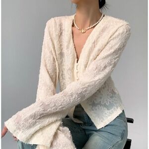 Commense Semi-Sheer V-Neck Ruffle Long Sleeve Blouse Size Large